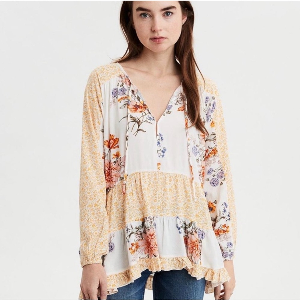 🌼 American Eagle Floral Boho Ruffle Blouse‎ Size Small 🌼